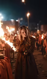 a woman standing in a street with flames in her hand