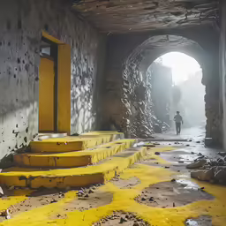 there are three steps in this cave, and a person is walking down the tunnel