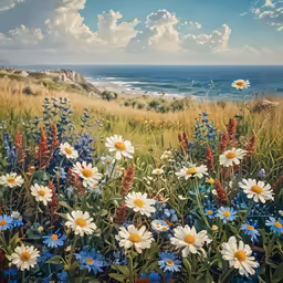 a painting of daisies and other flowers next to a cliff