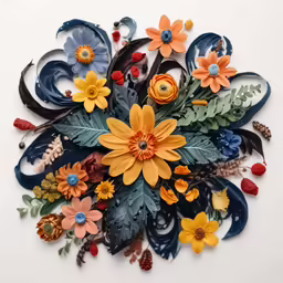 an intricate floral arrangement in blue, yellow and red