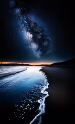 the night sky with stars, the ocean and the beach