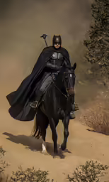 a man in a suit riding on the back of a black horse