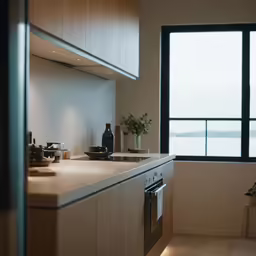 this kitchen looks out on the water and has brown cabinets