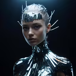 a close - up of a model in a shiny metal outfit