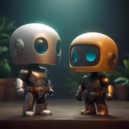 two robot figurines stand in front of a plant
