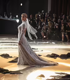 the woman is walking around in her wedding gown