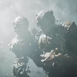 two men dressed as warfighters in the rain