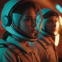 two people wearing space suits and helmets standing together