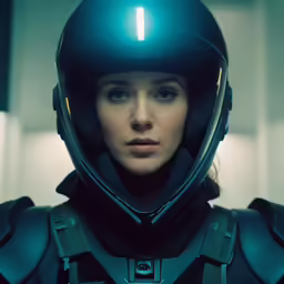 woman wearing futuristic outfit and helmet standing in large room
