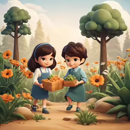 two little girls stand on a trail holding a basket of carrots
