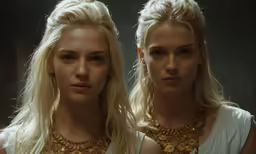 two blonde women standing together in an image