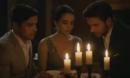 the young couple is looking at the candles