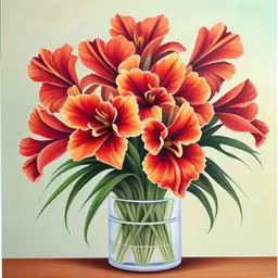 painting of bright orange flowers in a vase,this is a painting of some beautiful flowers in a glass vase,a painting of orange flowers inside a vase,a painting of flowers in a glass vase,a painting of red and orange flowers in a clear vase