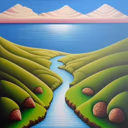 a painting of a creek that is in the middle of mountains,a painting of a stream that is going through mountains,painting of a mountain river next to grass covered hills,a painting of a mountain and river near water,a painting of a river in a hilly landscape