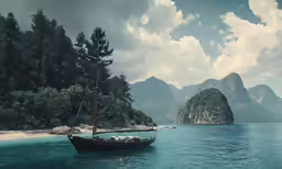 a pirate ship sailing across a large body of water