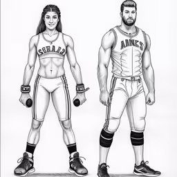 a drawing of a man and woman holding boxing gloves,two people are standing in shorts and one person is wearing boxing gear,a drawing of two men and woman standing next to each other,a drawing of an athlete and a woman,a man and woman basketball uniforms from the same team