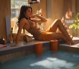 a young woman is sitting in a pool and relaxing