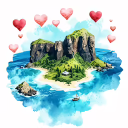 an illustration of a tiny island surrounded by hearts