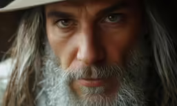 a portrait of a man with a hat and long grey beard