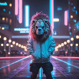 a young child dressed as a lion standing on a city street