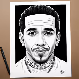 a black and white drawing of a man with tattoos