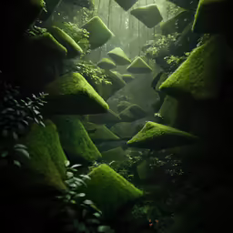 a landscape painting made of moss in a rainforest