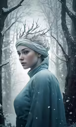 a woman in the woods with her head wrapped up