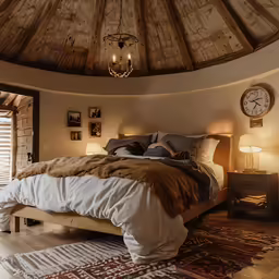 a bed sitting under a clock on top of a wooden table
