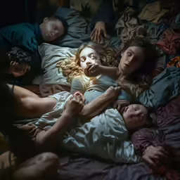 two girls are laying down on a bed with two other people
