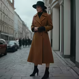 a woman wearing a coat and hat on a sidewalk