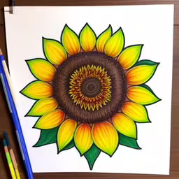 an image of a sunflower with colored pencils next to it,this is a drawing of a sunflower and some colored pencils