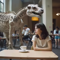 a young girl sitting at a table in front of a dinosaur model