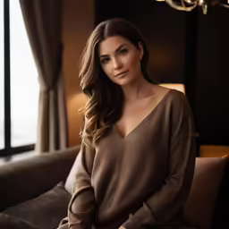 a woman posing for a portrait sitting on a couch