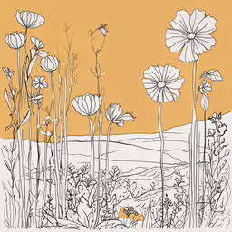 a drawing of flowers and plants on a yellow background,a drawing of flowers in a field