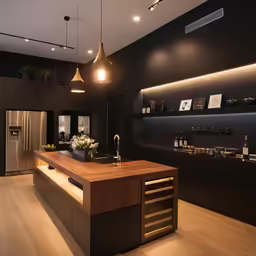 a modern kitchen and living room with an island counter