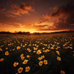 an open field of yellow flowers against the sky