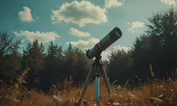an astronomical telescope is mounted onto a tripod in a field