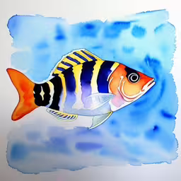 a watercolor painting of an orange, white and blue fish,a large orange and blue fish in blue water,a painting of a fish swimming under a blue sky,watercolor painting of a fish in water,an orange fish with black stripes on it