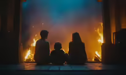 the family sits on a stone floor next to a pile of burning fire