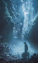 the man standing is looking in the dark cave
