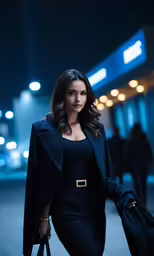 a woman in black carrying a bag is walking