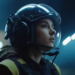 a female fighter fighter in a helmet and ear phones