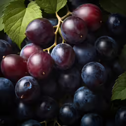 close up view of bunches of purple grapes with leaves