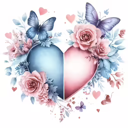 an artistic heart with roses and butterflies
