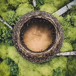 an aerial view of a circle hole in the grass