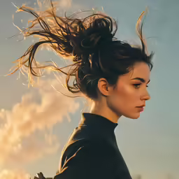a woman with her hair flying high in the air