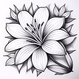 a drawing of a flower with leaves on it,a drawing of a flower made out of black and white ink,this is a drawing of a large flower,a drawing of a flower is shown in black and white,a black and white drawing of flowers