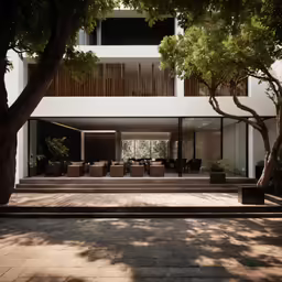 the courtyard area of an apartment complex that is surrounded by trees and a bench