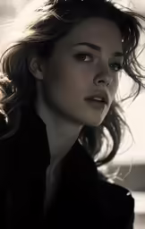 an attractive woman in a black jacket poses for a photo