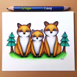 there is a drawing with pencils of three foxes